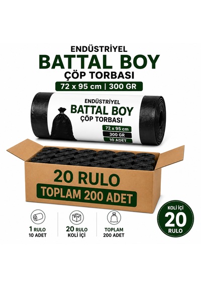 Endüstriyel Battal Boy Çöp Torbası 72x95 Cm 300 Gr - 20 Rulo X 10 Adet Toplam 200 Adet Kalın Ve Dayanıklı Siyah Çöp Poşeti