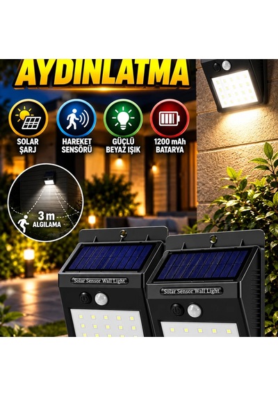Hareket Sensörlü Solar Led Dış Mekan Lambası 3 M Pır Algılama 1200 Mah Beyaz Işık