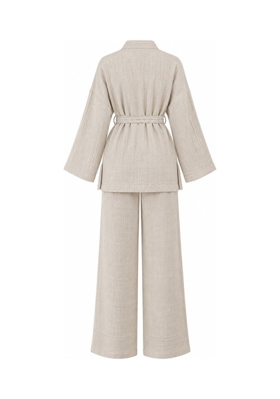 Laluvia Natural %100 Pamuk Cepli Kuşaklı Kimono Takım - 2y8491