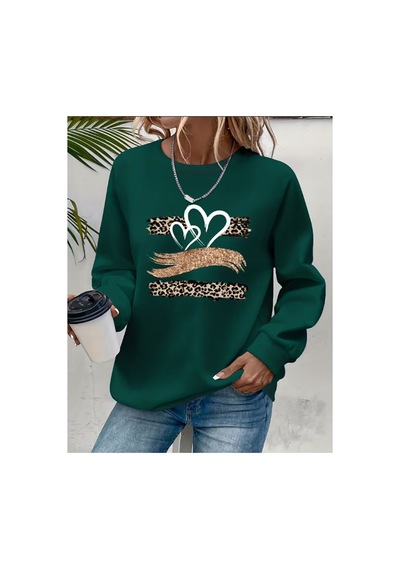 Herkesemoda Leopar Desen Detaylı Bisiklet Yaka Sweatshirt Yeşil