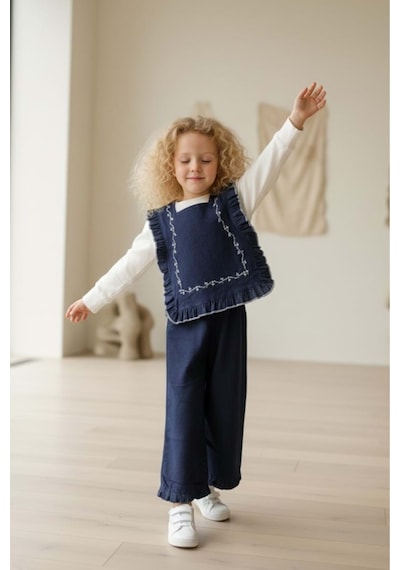 Mnk Baby & Kids Kız Çocuk Otantik Kot Pantolon Ve Bluz Takımı M00797 mavi
