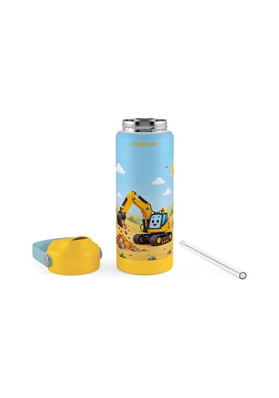 Puccon 540 Ml İş Makinesi Baskılı Sarı - Mavi Erkek Çocuk Pipetli Çelik Termos Matara/suluk - 60046