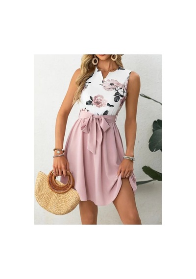 Butik İstanbul Kadın Sıfır Kollu V Yakalı Çiçek Baskılı Beli Kuşaklı Dalgıç Elbise Pembe