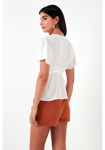 Lela Pamuklu Regular Fit Nakış Işlemeli Püsküllü Bayan Bluz 611Bz0282 Ekru