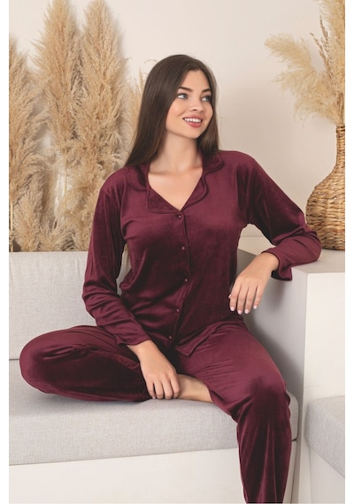 Kırmızı Renk Boydan Düğmeli Kadın Kadife Pijama Takımı Bordo