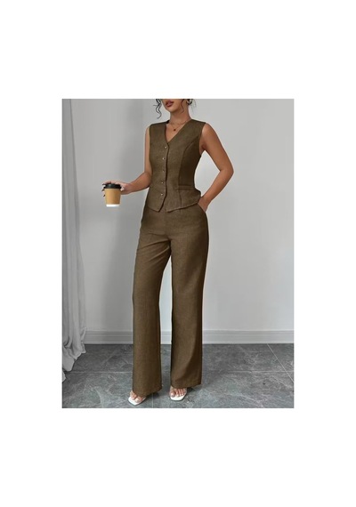 Butik İstanbul Kadın Askılı Önden Düğmeli Bluz Ve Pantolon Keten Ikili Takım Kahve Butik İstanbul Kadın Askılı Önden Düğmeli Bluz Ve Pantolon Keten Ikili Takım Kahve