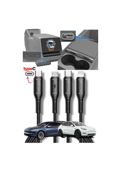 Tesla Model Y 2024-2025 Juniper Type-c Şarj Kablosu 1.2m 60w Süper Fast Pd 3in1 Apple Uyumlu iPhone Samsung Xiaom