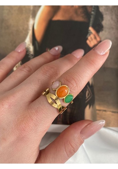 Vintage Renkli Oval Taşlı Çelik Kararmaz Ayarlanabilir Gold Yüzük