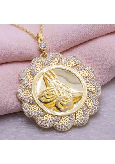 Tesbihsepetim 925 Ayar Gümüş Altın Kaplama Tuğralı Kolye Model 4