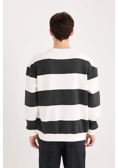 DeFacto 	Boxy Fit Bisiklet Yaka Çizgili Dokuma Etiketli Sweatshirt A9066AX24AUBK81