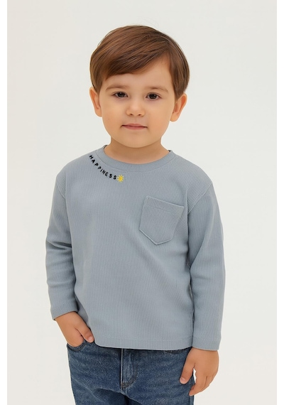 Luess Unisex Çocuk Happiness Nakışlı Cepli Fitilli Kaşkorse Tişört Açık Mavi