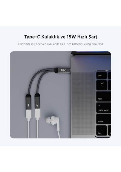 Bix Adp-13 Type-c To Çift Type-c Kulaklık Ve 15w Şarj Dönüştürücü
