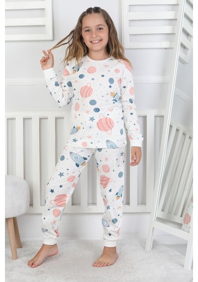 Bunny Hopp Unisex Çocuk Pijama Takımı %100 Pamuk Uzun Kollu Penye 3-8 Yaş Beyaz