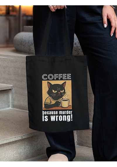 Coffee Because Murder Is Wrong' Siyah Gabardin Bez Çanta Altın - Siyah