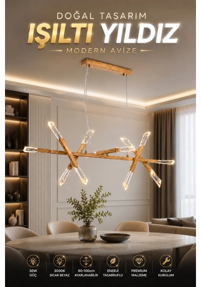 Modern Premium Led Sarkıt Avize Doğal Ahşap Tasarım Salon Yemek Masası Avizesi 30w 3000k Beyaz