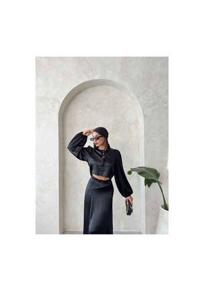 Verymoda Kraşlı Saten Önden Bağlamalı Bluz F1916 Siyah