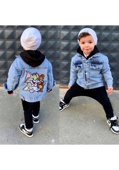 Berfonzo Kids Erkek Çocuk Tom Jerry Nakış Detay Kot Ceker Mavi