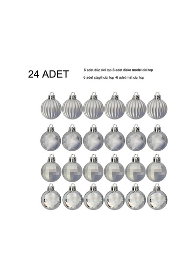 Gümüş Renk 3 Cm Yılbaşı Çam Ağacı Süsü 4 Model Cici Top 24 Adet