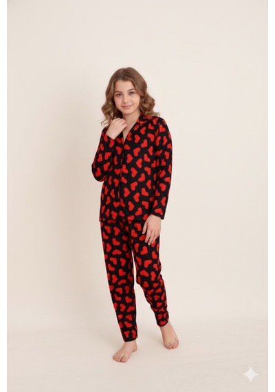 Beka Kids Desenli Uzun Kollu Önden Düğmeli Gömlek Yaka Kız Çocuk Pijama Takımı Siyah