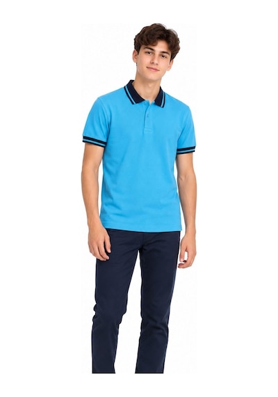 Lacivert Yakalı Turkuaz Kısa Kol Düz Renk Lakos Tişört Polo Yaka T-shirt