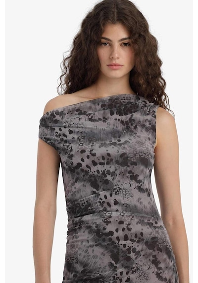 Defacto Bodycon Vücudu Saran Açık Omuz Desenli Tül Maxi Elbise F0421ax25augr169 Gri