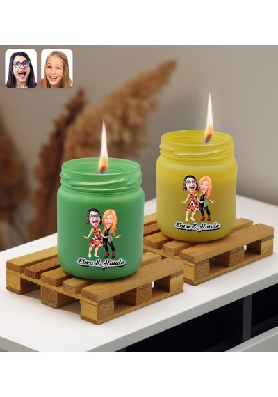 Bk Gift Kişiye Özel Dtf Karikatürlü 2 Li Yeşil Ve Sarı Renkli Cam Kavanozda Kokulu Mum-2, Arkadaşa Hediye, Sevgiliye Hediye