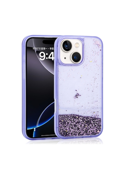 Zore Apple iPhone Uyumlu 15 Kılıf Sıvılı Simli Şeffaf Arka Yüzey Omsy Keto Silikon Kapak - Mor
