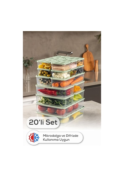 Vienev 20'li Buzdolabı Dondurucu Organizer + Saklama Kabı Mint 12x 350ml 4x 1,75lt 2x 1,65lt 2x 3,5lt Mint