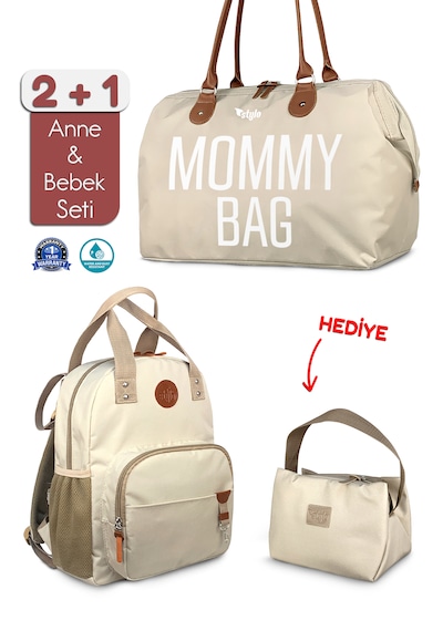 Stylo Bebek Bakım Kadın Omuz Çantası + Popi Anne Kadın Sırt Çantası + Termos Çanta Mommypopi Bejtk