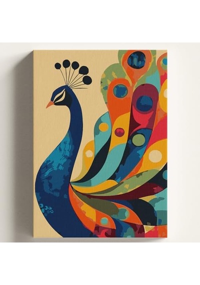 Sayılarla Boyama Tuval Hobi Seti, Tavus Kuşu Temalı Fırça Ve Boya Dahil Set Çıtalı 50x70 Cm, Kendin Yap Sayılarla Tuval Boya Kiti Kasnaklı