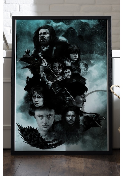 Stark Family Siyah Ahşap Çerçeveli Poster, Dekoratif Game Of Thrones Duvar Tablosu