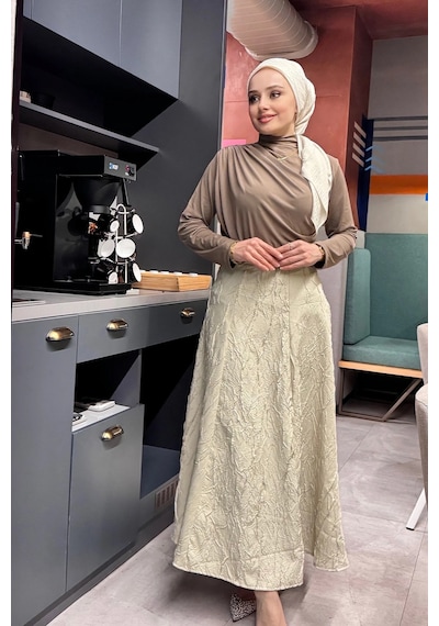 Hasenna Etk005 Yandan Fermuarlı Kraşlı Kloş Etek Taş