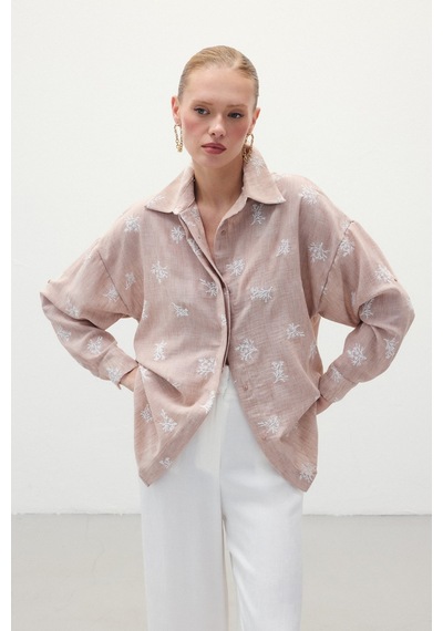 Sateen Salaş Nakışlı Gömlek - Pudra-136253 Pudra