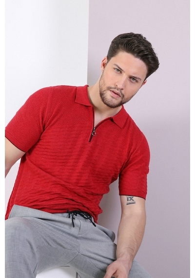 Ferraro Kırmızı Polo Yaka Fermuarlı Erkek Pamuk Triko T-Shirt-Kırmızı