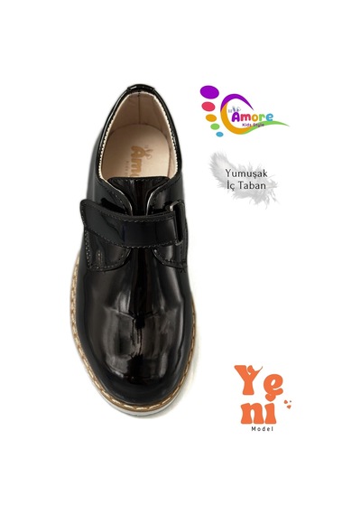 Sermoda Lil Amore Cırt Cırtlı Erkek Çocuk Ayakkabısı Okul & Sünnet Düğünü İçin Klasik Model Siyah Rugan Beyaz