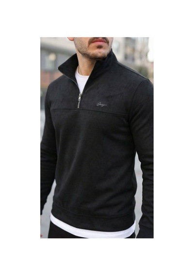 Butik İstanbul Erkek Süet Yarım Fermuar Dik Yaka Sweat Siyah