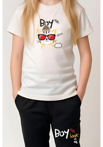Fyk Kids Kız Çocuk Yuvarlak Yaka Baskılı Boy Cat Alt-üst Pijama Takımı Ekru