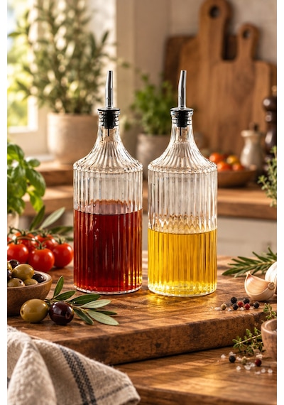 Porsima Viking 18113 2li 1000 Ml Cam Şişe Yağlık Sirkelik Çift Kapaklı Gümüş Gümüş
