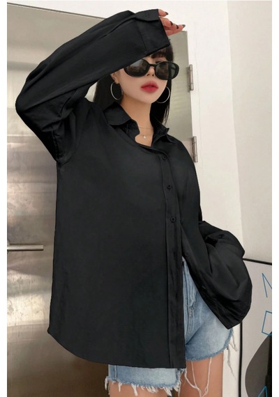 Tarz Cool Oversize Basic Uzun Kollu Gömlek Siyah