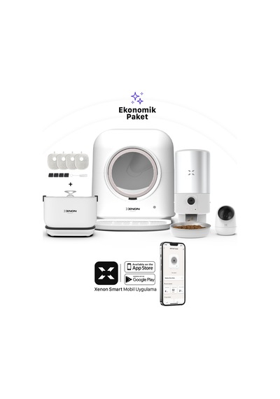 Xenon Smart Akıllı Otomatik Kedi Tuvaleti Çelik Mama Kabı Su Sebili Kamera Ve Yedek Filtre 5'li Pet Seti