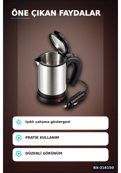 Oto Su Isıtıcı Kettle 12v Çakmaklık Girişli Paslanmaz Çelik Seyahat Tipi Bx-316150