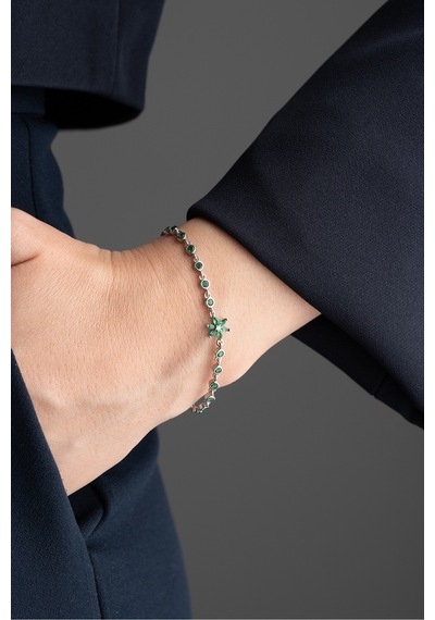 Çekirdekjewelry 925 Ayar Gümüş Yeşil Taşlı Lotus Bileklik Gri