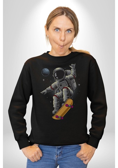 Atronot Kaykay Uzay Mars Unisex Siyah Baskılı Sweatshirt Siyah