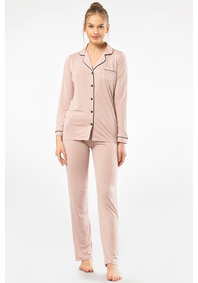Türen 3365 Kadın Uzun Kollu Gömlek Yaka Pijama Takım-pudra Pudra