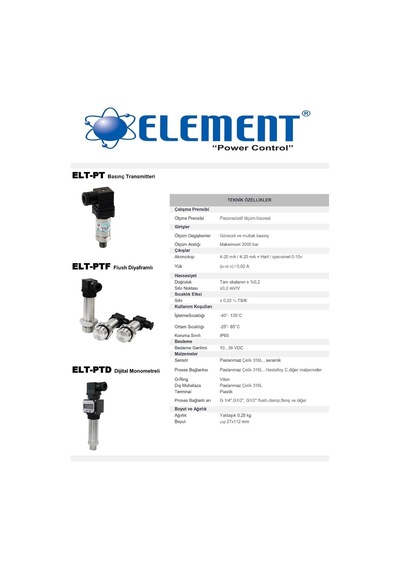 Element Elt-pt 0-16 Bar Basınç Transmitteri Silikon G 1/4''