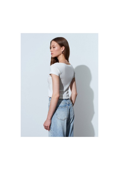 Dilvin 32688 %100 Pamuk Basic T-shirt-ekru-16526