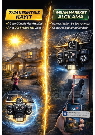 4 Lens 20mp 4g Güneş Enerjili Güvenlik Kamerası Sim Kartlı 128gb Sd Kart Ve 600gb İnternet