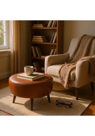 Waterybrook Suni Deri Puf Large - Ceviz Ahşap Ayaklı - Retro Modern Tasarım - Dekoratif Sehpa Taba Kahverengi