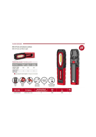 İzeltaş Cob Led Şarjlı Çalışma Lambası 600 Lm 14000005383
