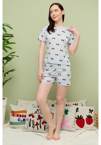 Fullamoda Fiyonk Desenli Bisiklet Yaka Şortlu Pijama Takımı Siyah